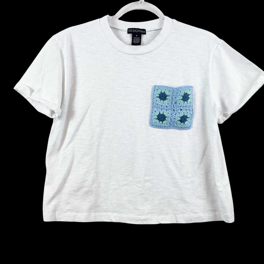 Design 365 Shirt Womens Medium White Granny Square Crochet Pocket Cottage Boxy M